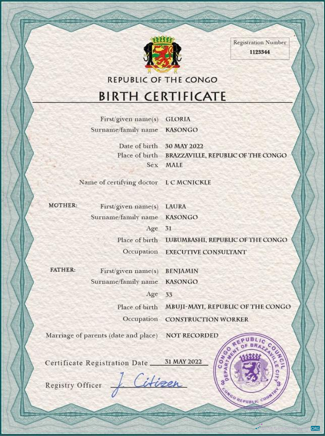 Download Congo (Republic of the) vital record birth certificate PSD template Photoshop template
